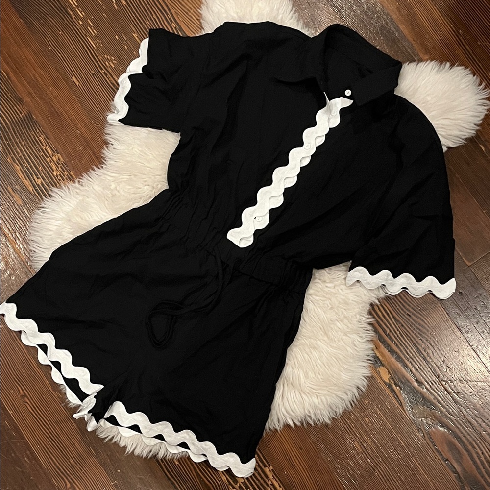 Black Short-Sleeve Romper with White Scalloped Trim